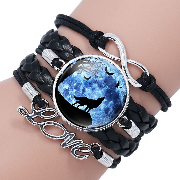 Retro Style Leather Jewelry Boho Glass Cabochon Moon Wolf Pattern Bracelet Beaded Charm Wrap Bangles for Men Women boys gifts 5