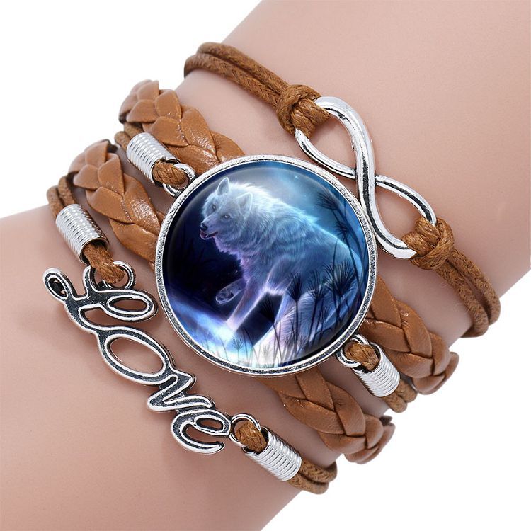 Retro Style Leather Jewelry Boho Glass Cabochon Moon Wolf Pattern Bracelet Beaded Charm Wrap Bangles for Men Women boys gifts 10