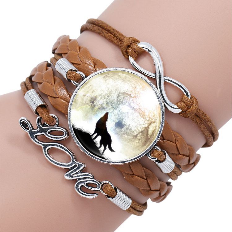 Retro Style Leather Jewelry Boho Glass Cabochon Moon Wolf Pattern Bracelet Beaded Charm Wrap Bangles for Men Women boys gifts 9