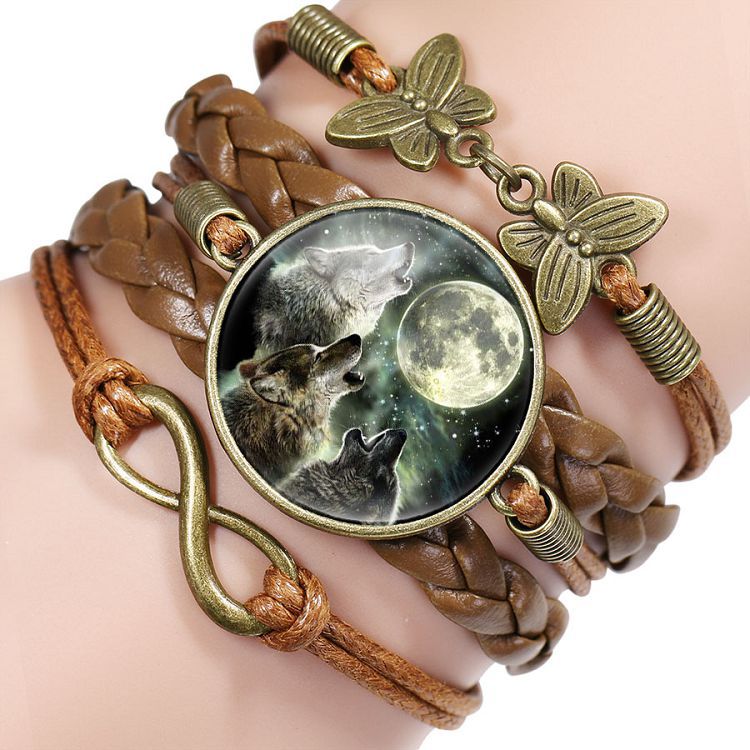 Retro Style Leather Jewelry Boho Glass Cabochon Moon Wolf Pattern Bracelet Beaded Charm Wrap Bangles for Men Women boys gifts 11
